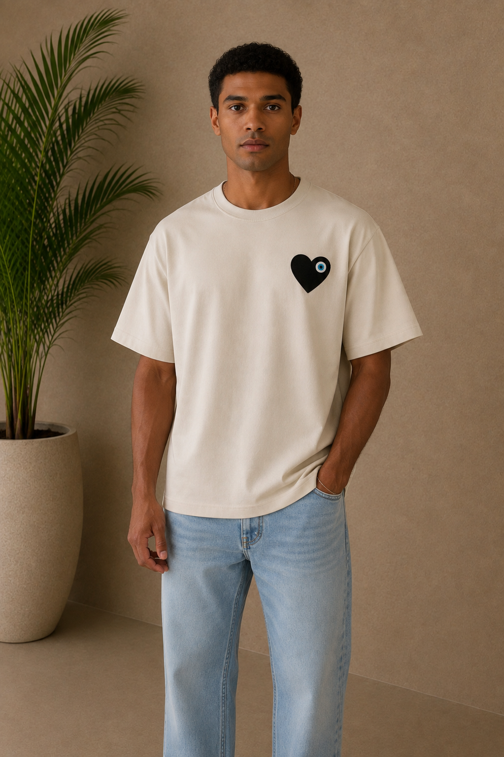 T-shirt beige cœur noir