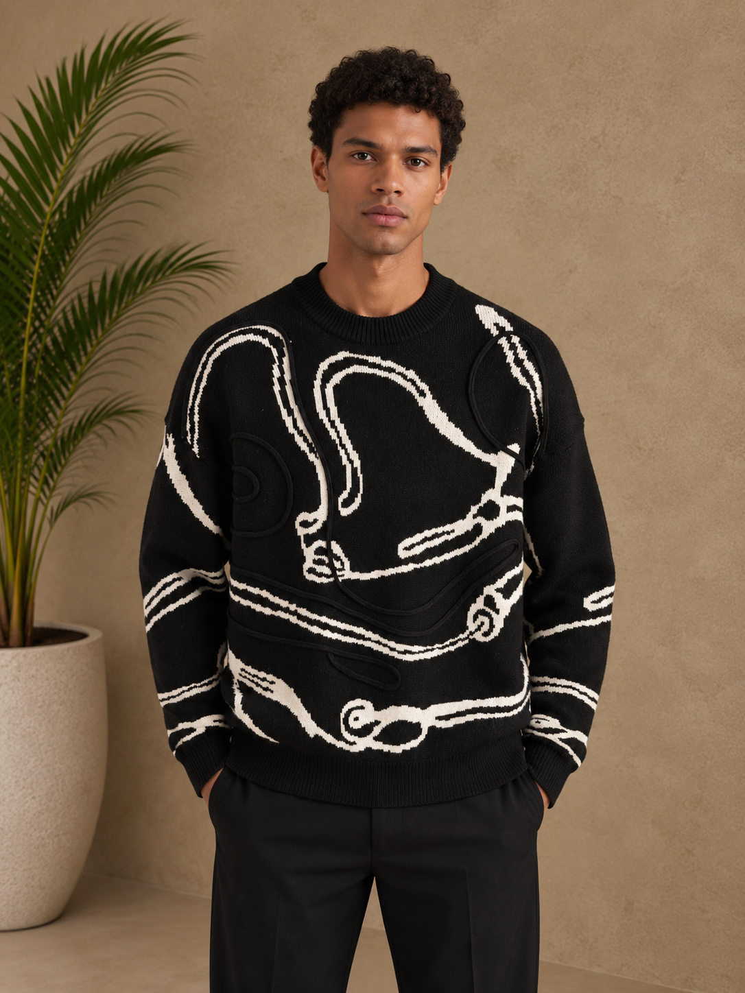 Pull noir motif beige