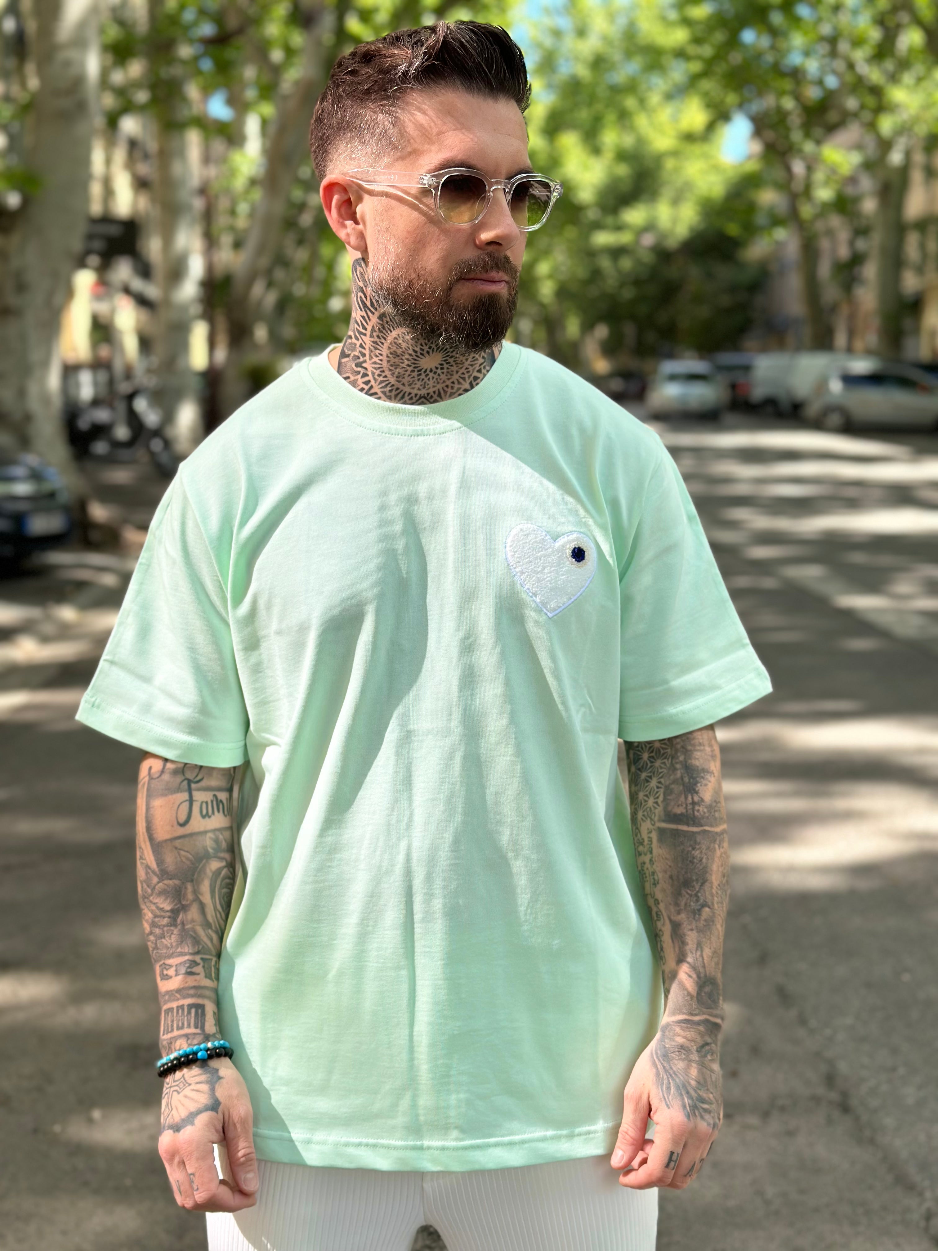 ADJ - T-shirt Vert d'eau coeur Blanc