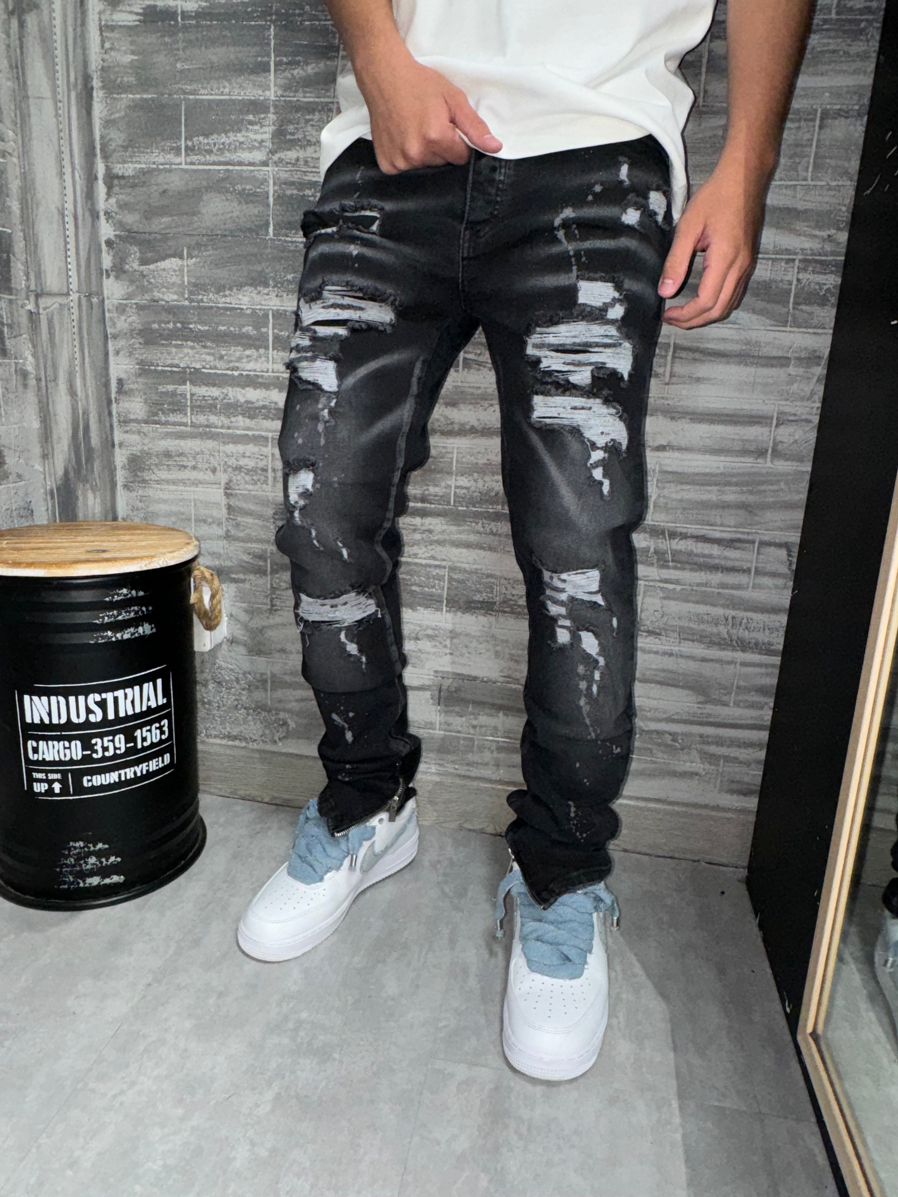 IKAO - Jean slim zip gris destroy