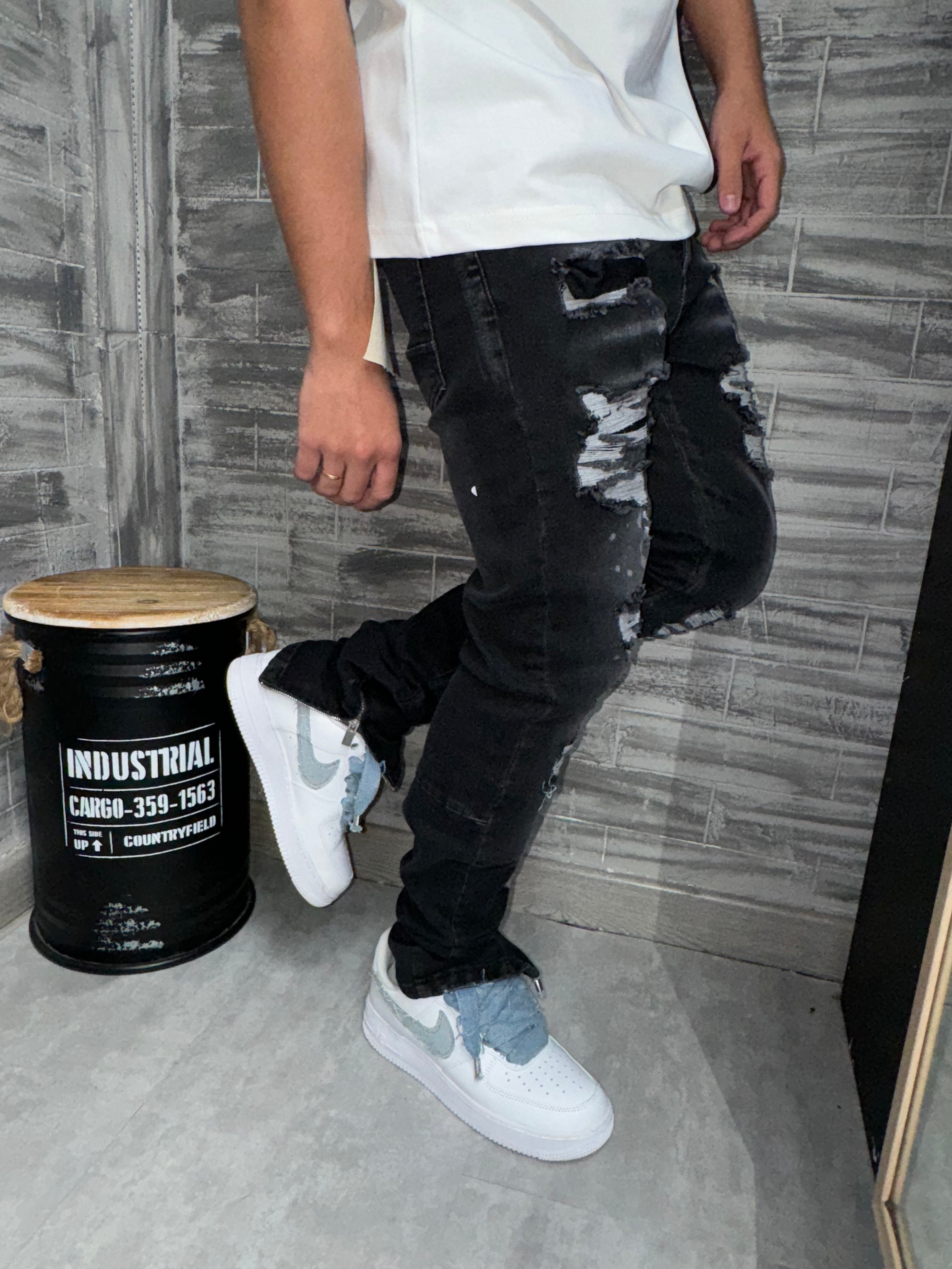 IKAO - Jean slim zip gris destroy