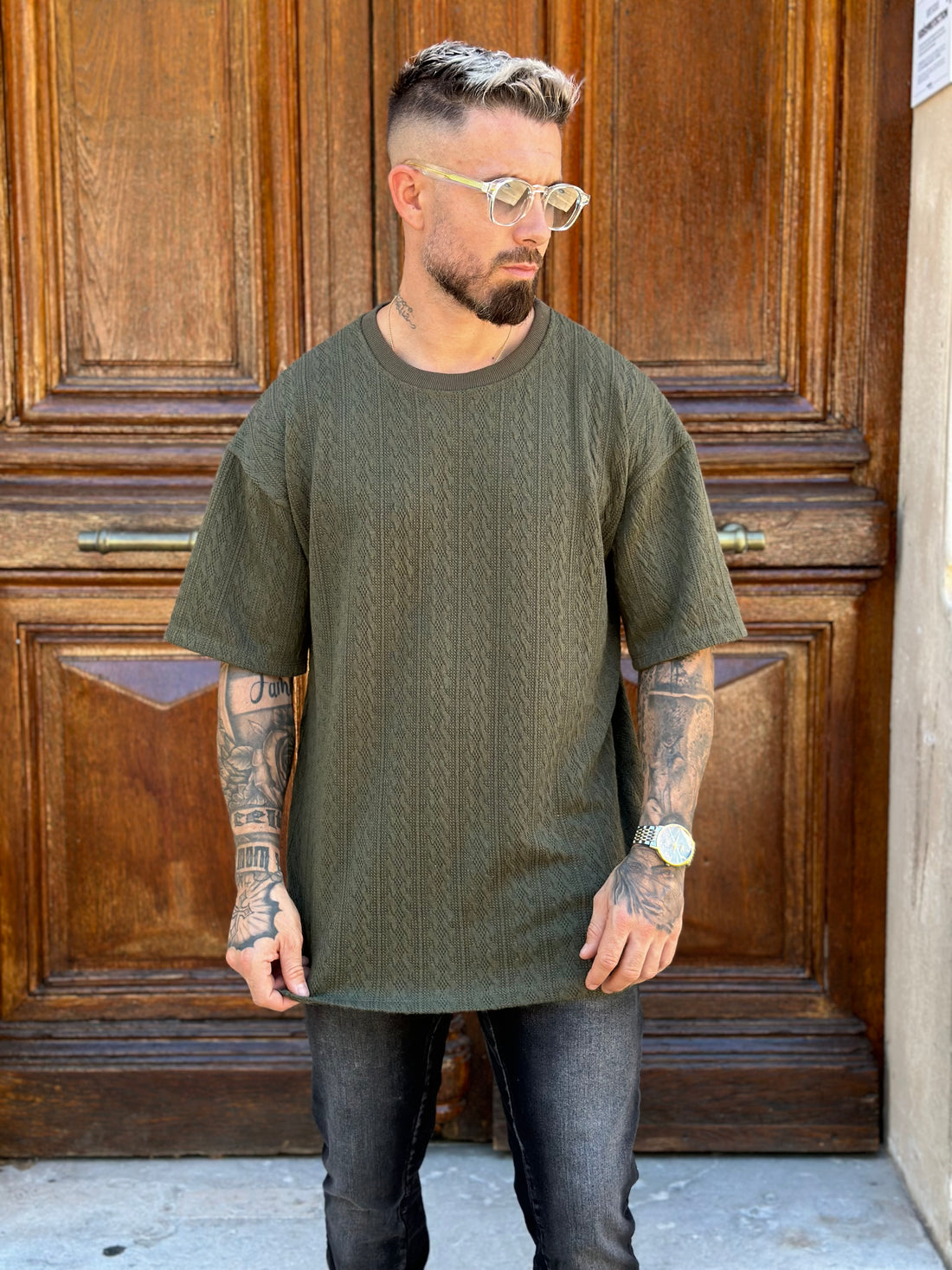AAHRON - Khaki embossed T-shirt