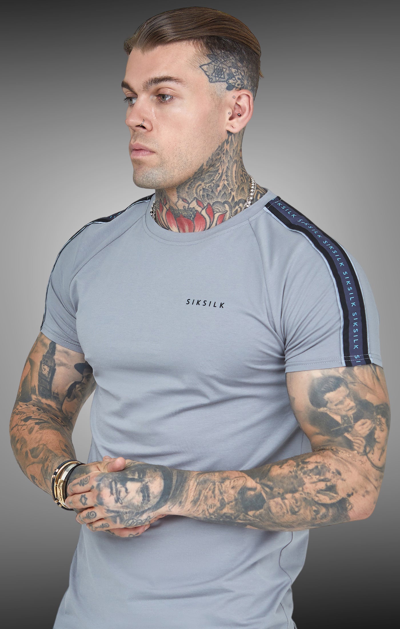 Siksilk - Grey Raglan Tape Muscle Fit T-Shirt - Stayin