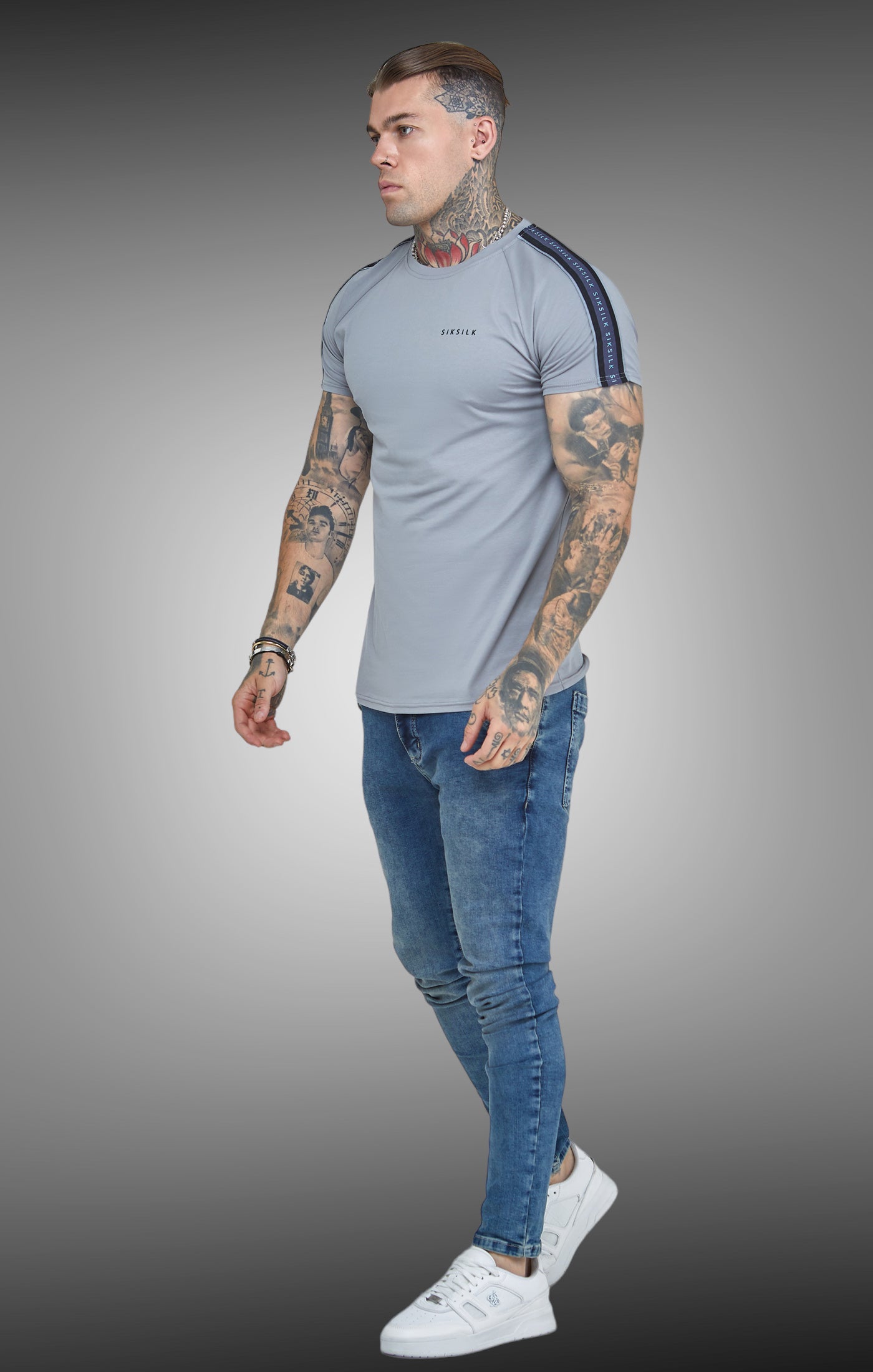 Siksilk - Grey Raglan Tape Muscle Fit T-Shirt - Stayin