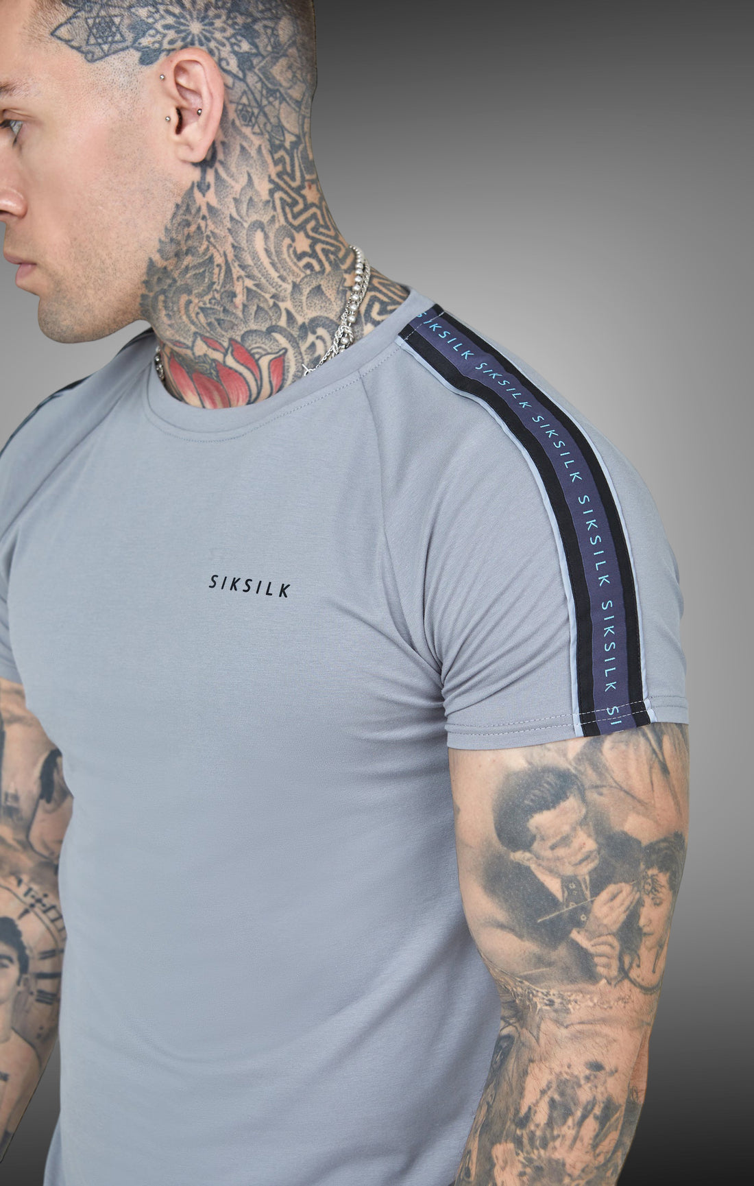 Siksilk - Grey Raglan Tape Muscle Fit T-Shirt - Stayin