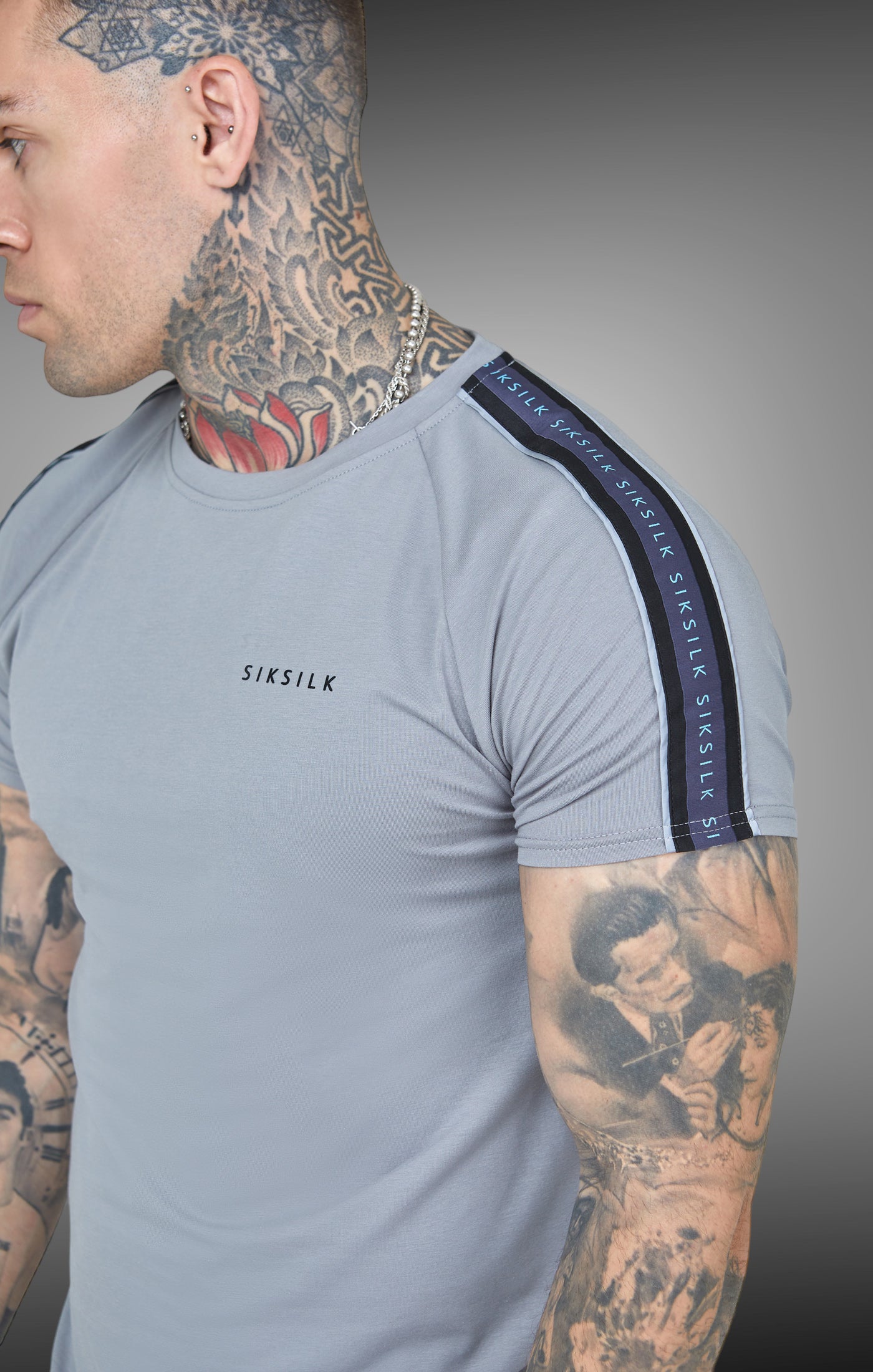 Siksilk - Grey Raglan Tape Muscle Fit T-Shirt - Stayin