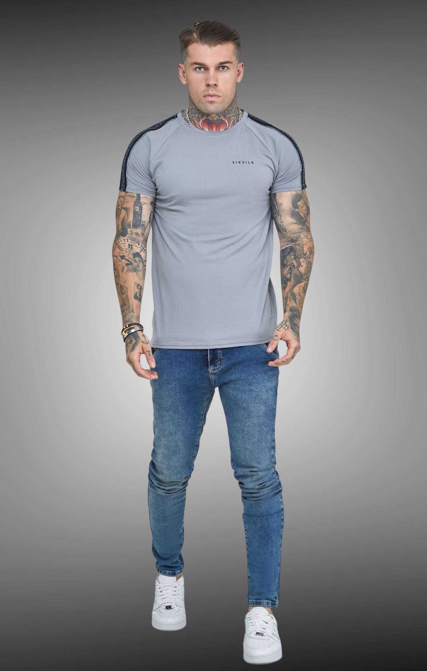 Siksilk - Grey Raglan Tape Muscle Fit T-Shirt - Stayin