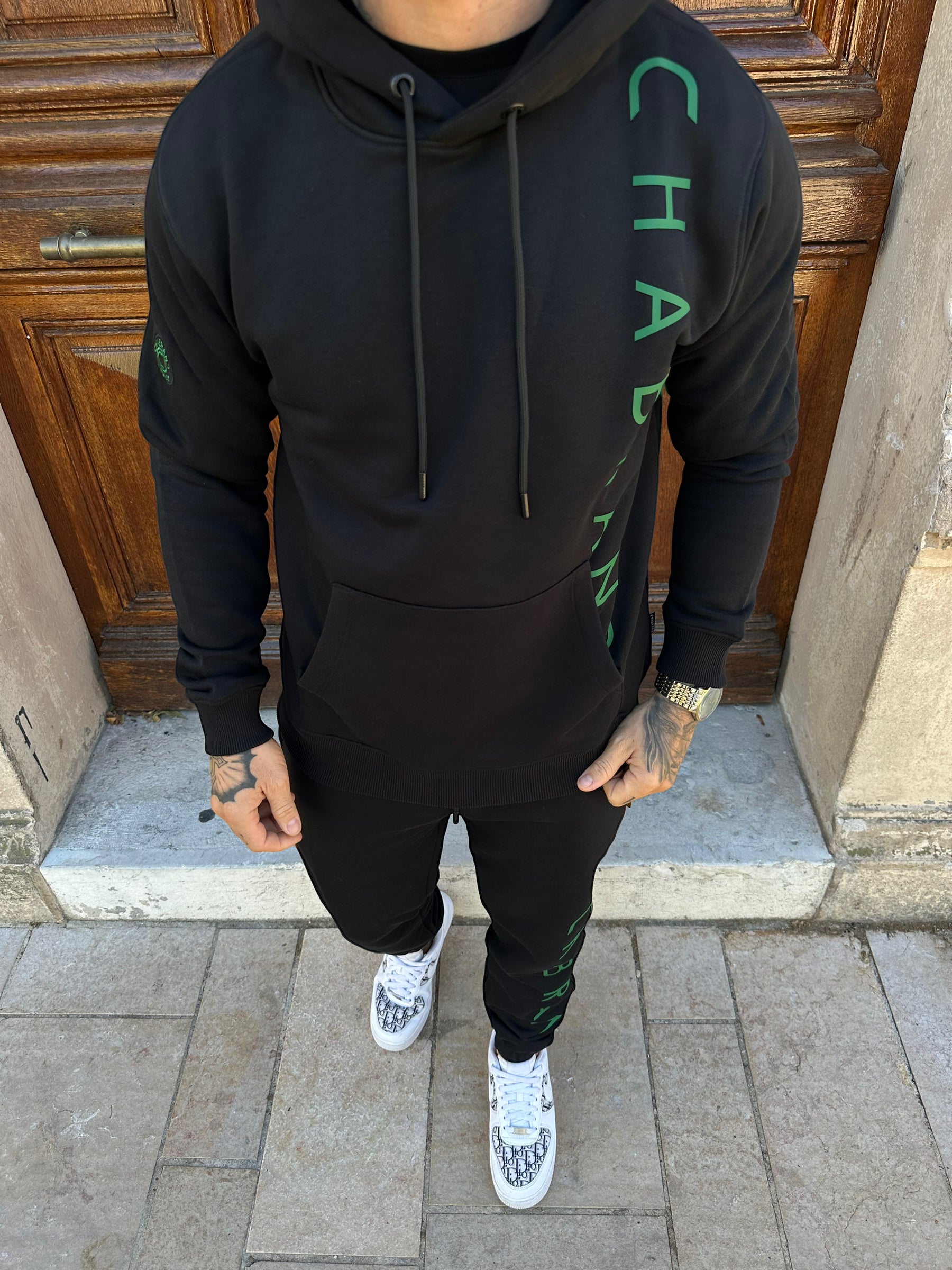 CHABRAND - Black hooded sweatshirt with green sign