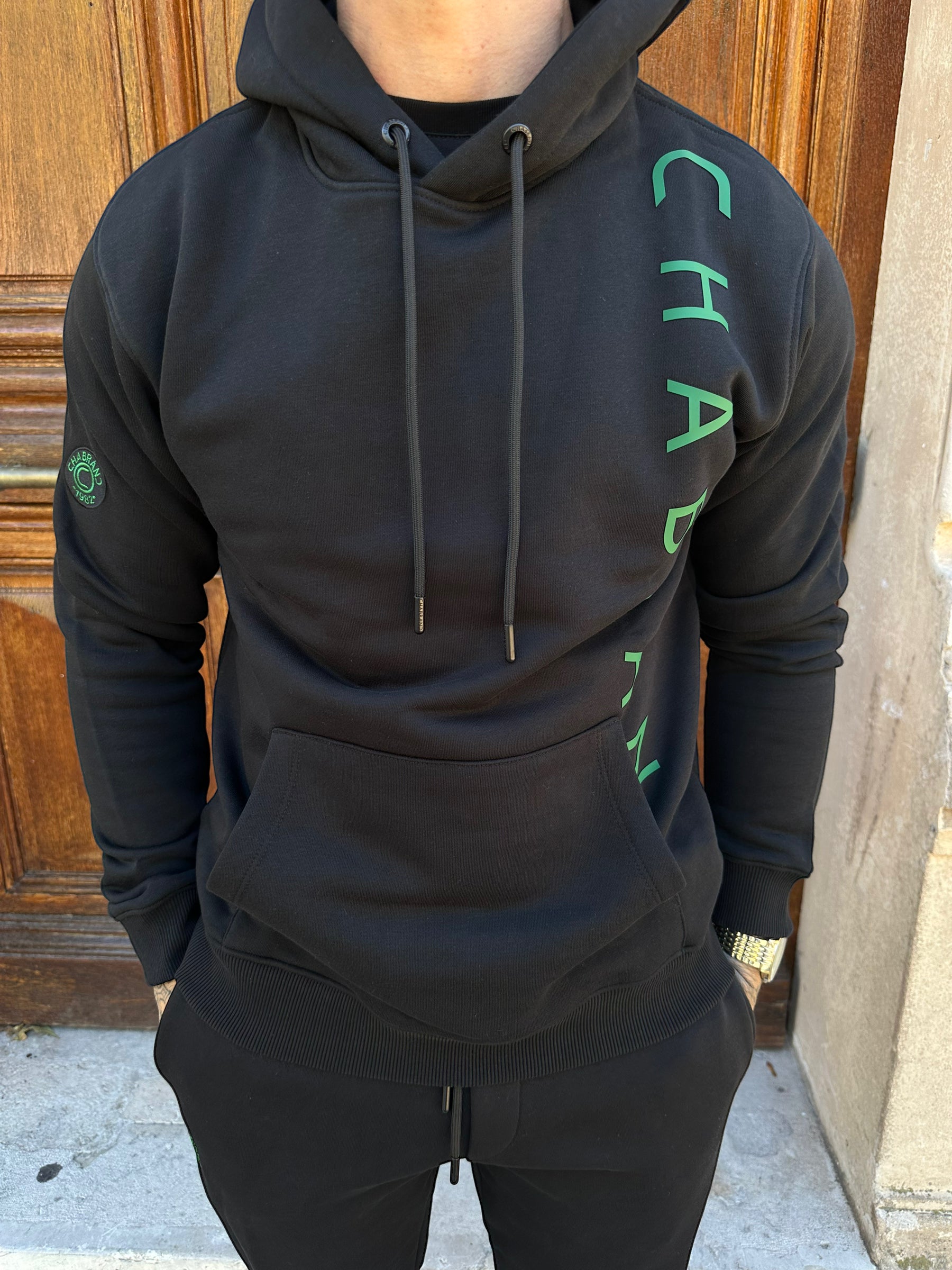 CHABRAND - Black hooded sweatshirt with green sign