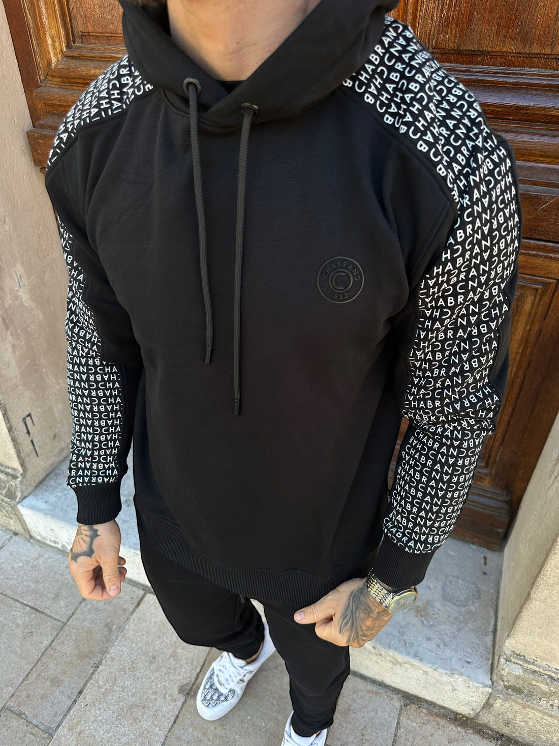 CHABRAND - Black hooded sweatshirt with white mosaic sign