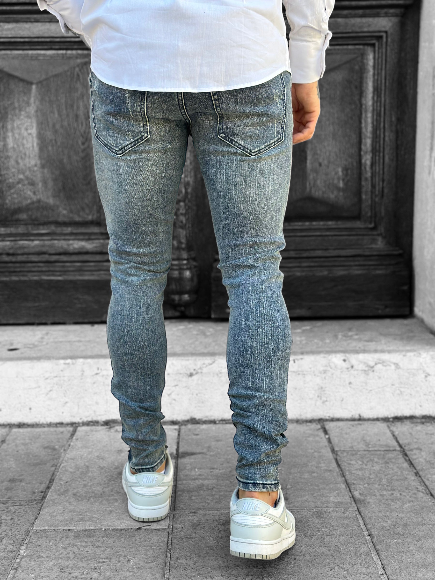 Blue gray destroyed skinny jeans
