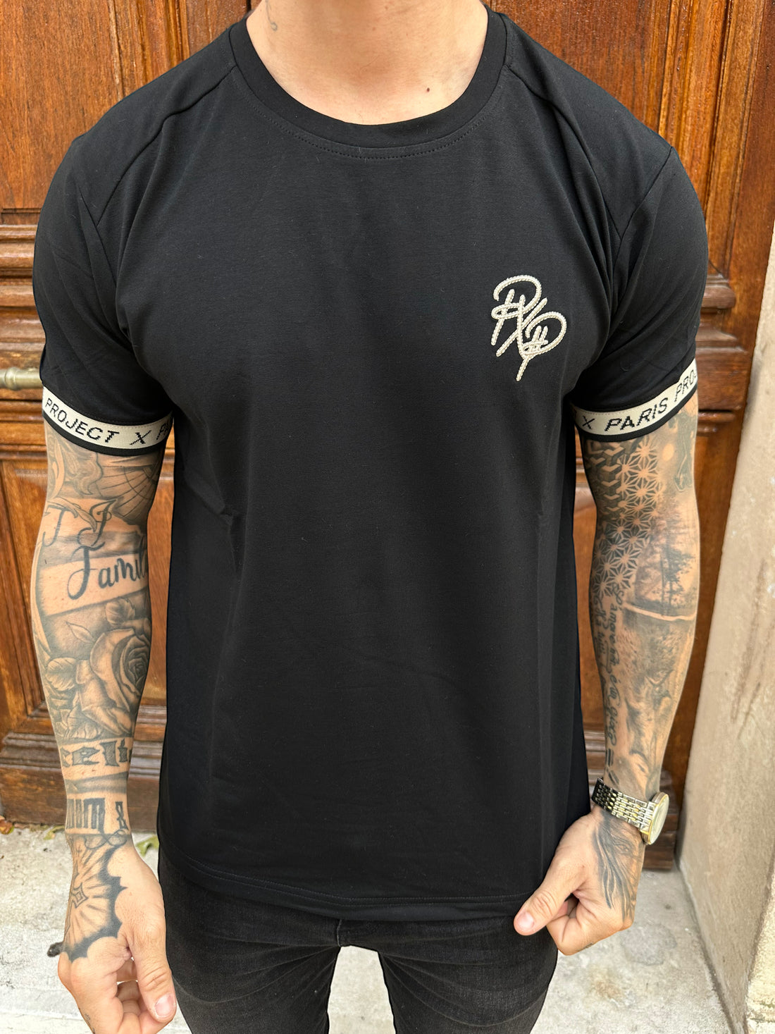 Project X Paris - T-shirt noir à bandes élastiques