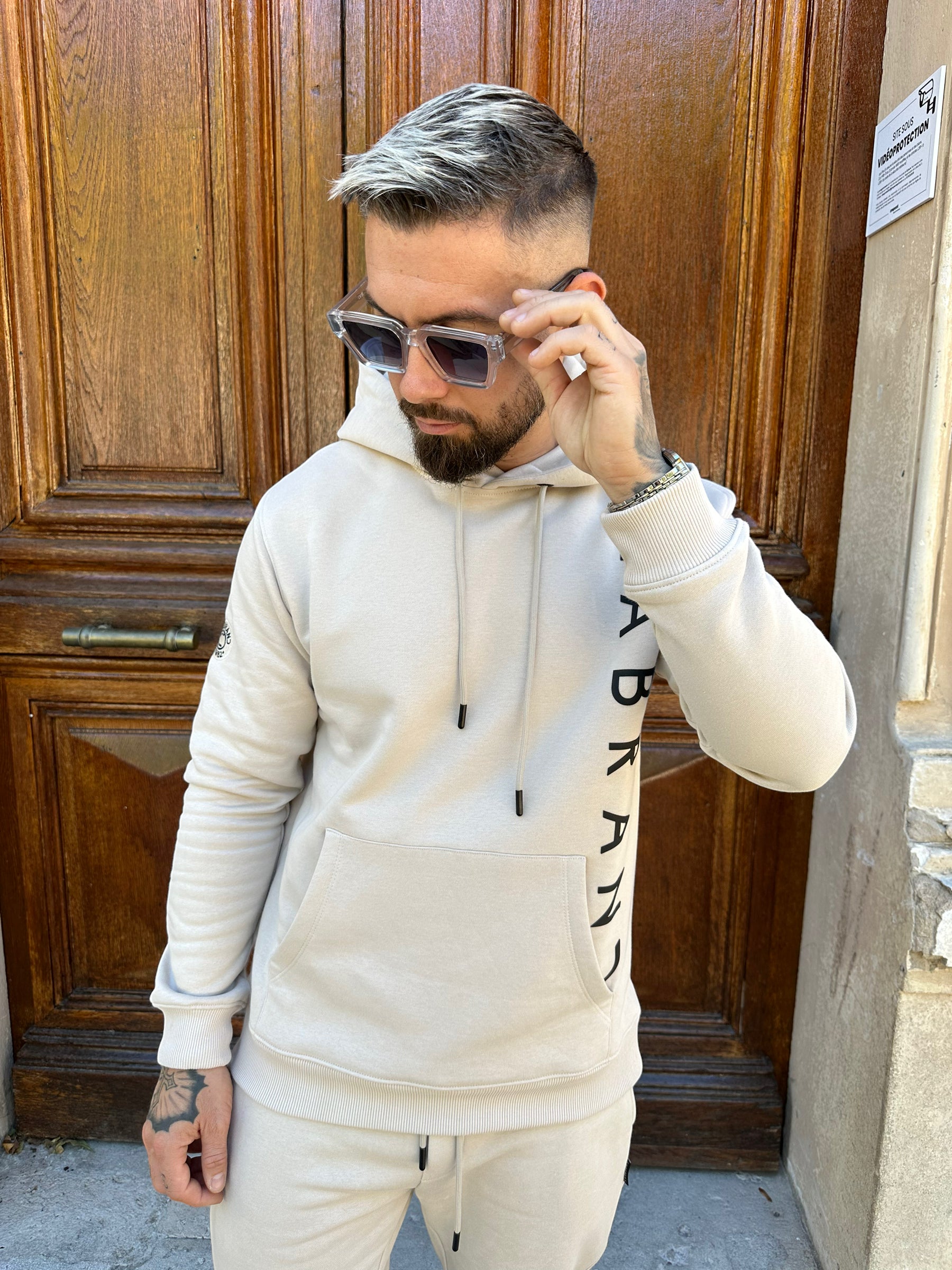 CHABRAND - Greige hooded sweatshirt with black sign