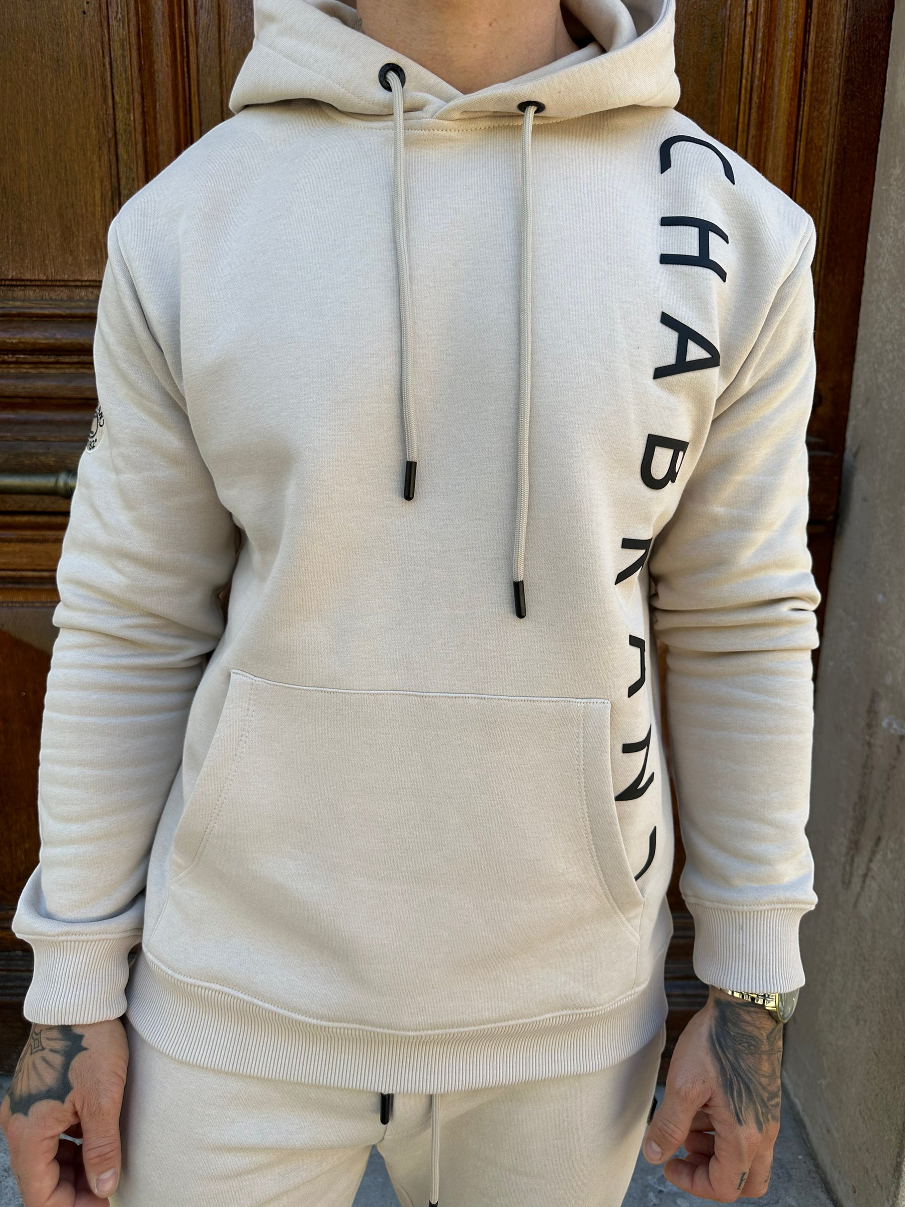 CHABRAND - Greige hooded sweatshirt with black sign