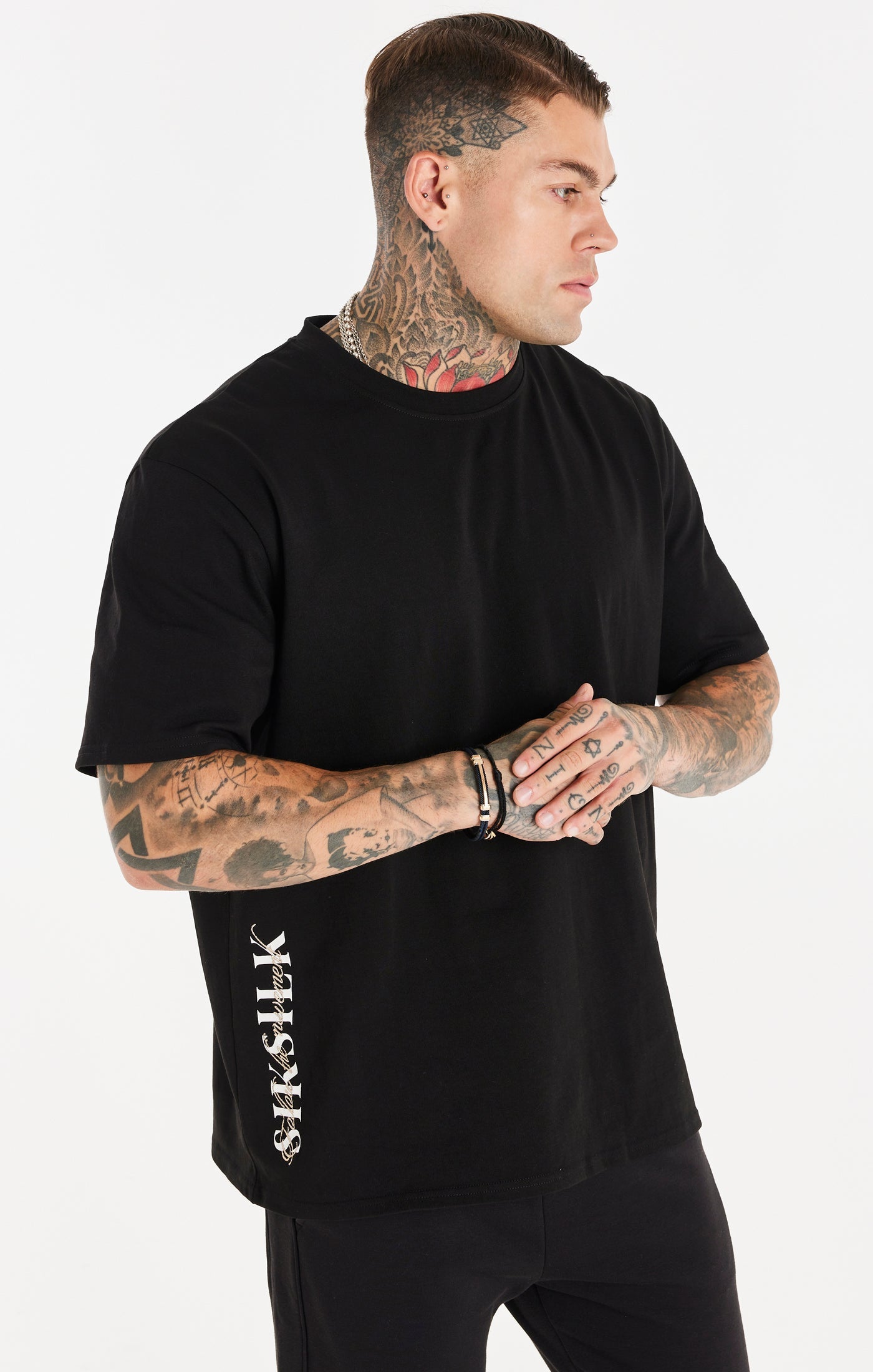 Siksilk - Black Dual Script Oversized Tee - Stayin