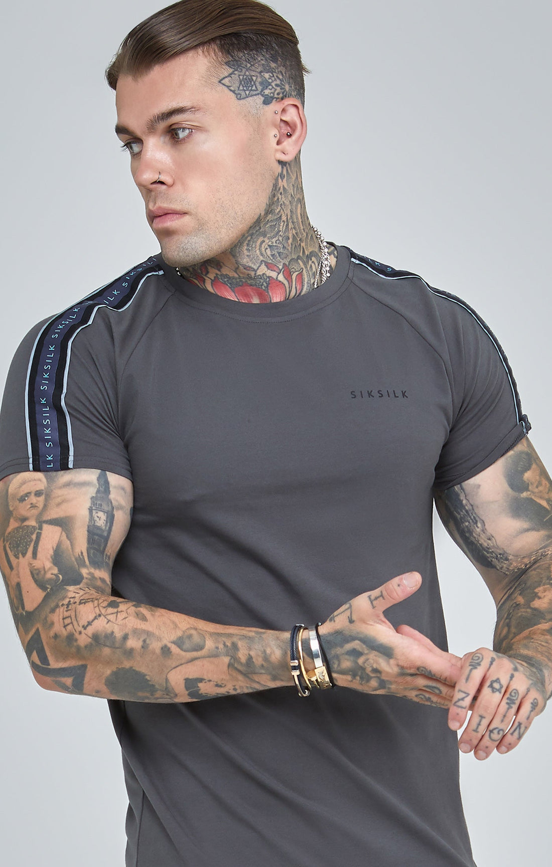 Siksilk - Dark Grey Raglan Tape Muscle Fit T-Shirt - Stayin