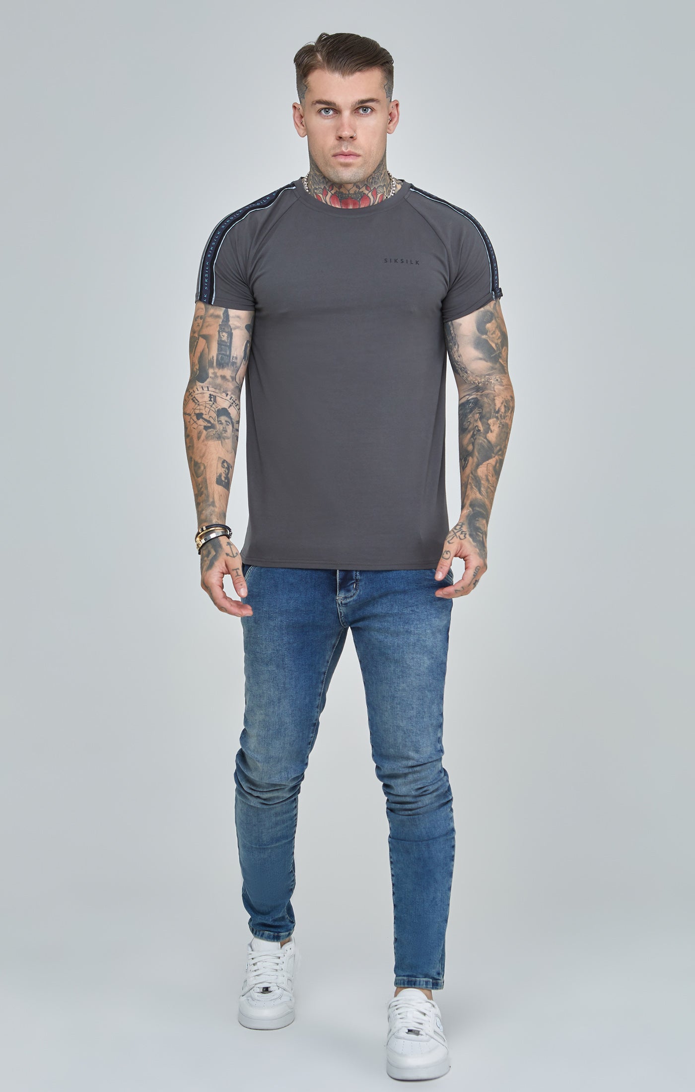 Siksilk - Dark Grey Raglan Tape Muscle Fit T-Shirt - Stayin