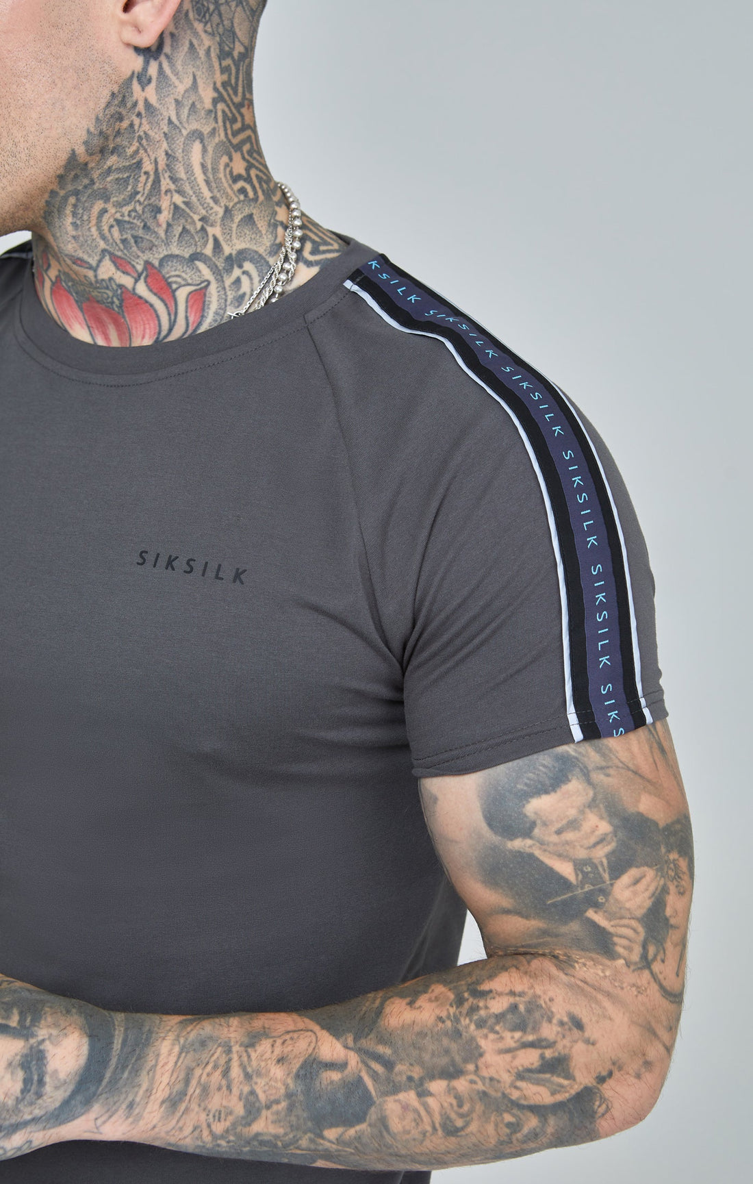 Siksilk - Dark Grey Raglan Tape Muscle Fit T-Shirt - Stayin