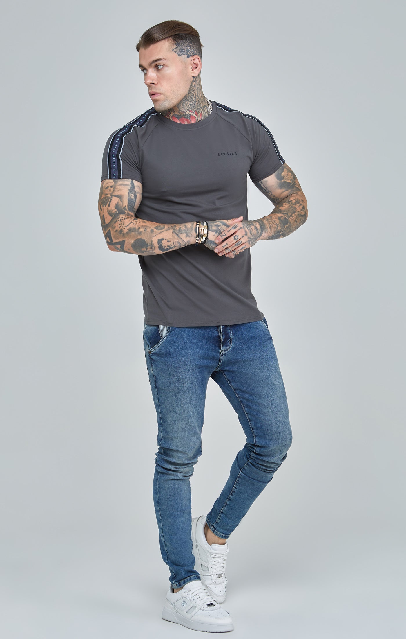 Siksilk - Dark Grey Raglan Tape Muscle Fit T-Shirt - Stayin