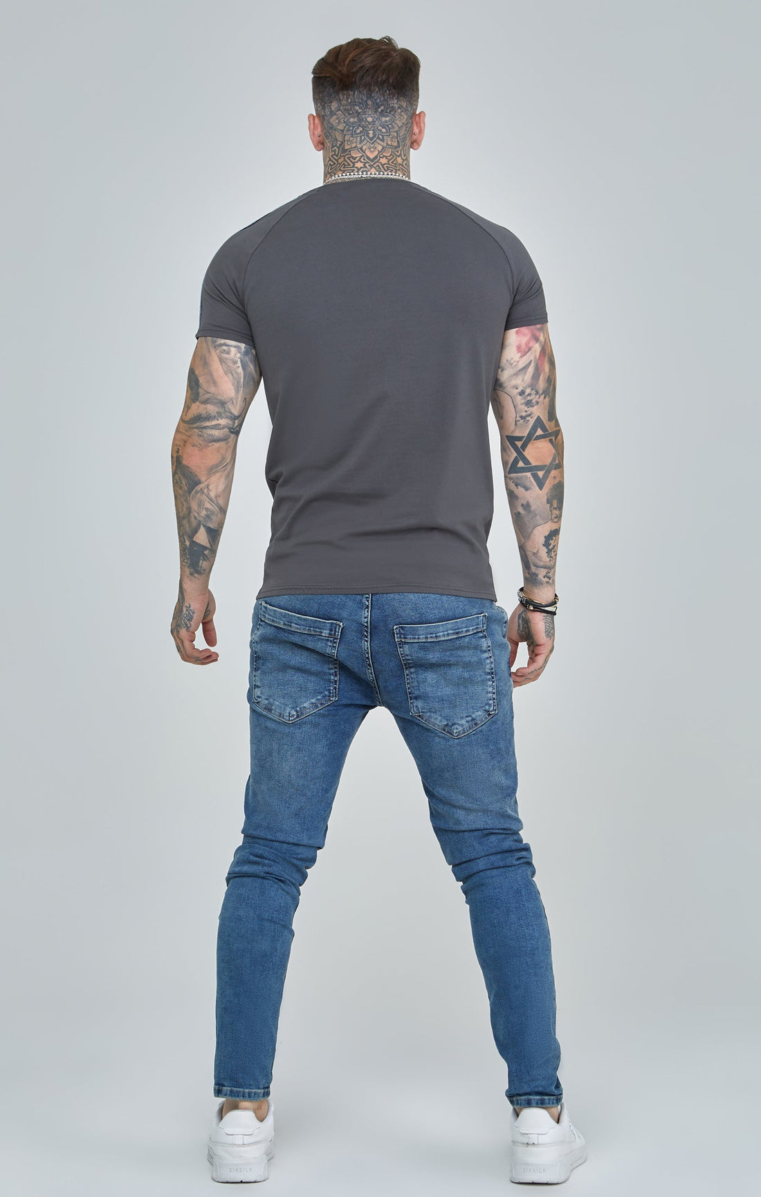 Siksilk - Dark Grey Raglan Tape Muscle Fit T-Shirt - Stayin
