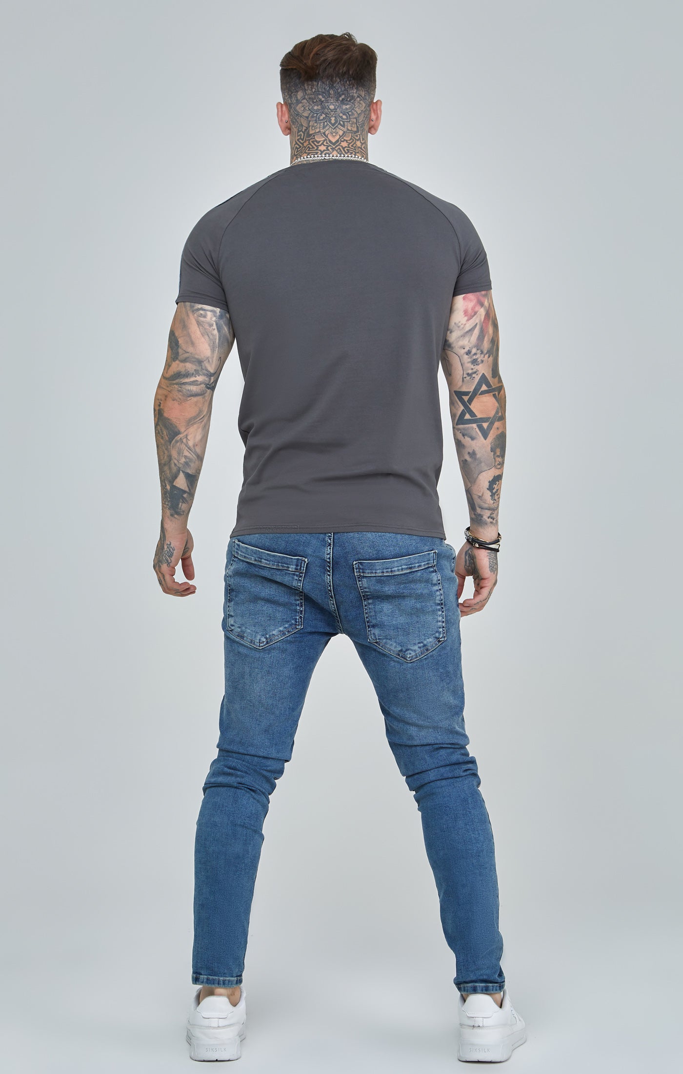 Siksilk - Dark Grey Raglan Tape Muscle Fit T-Shirt - Stayin