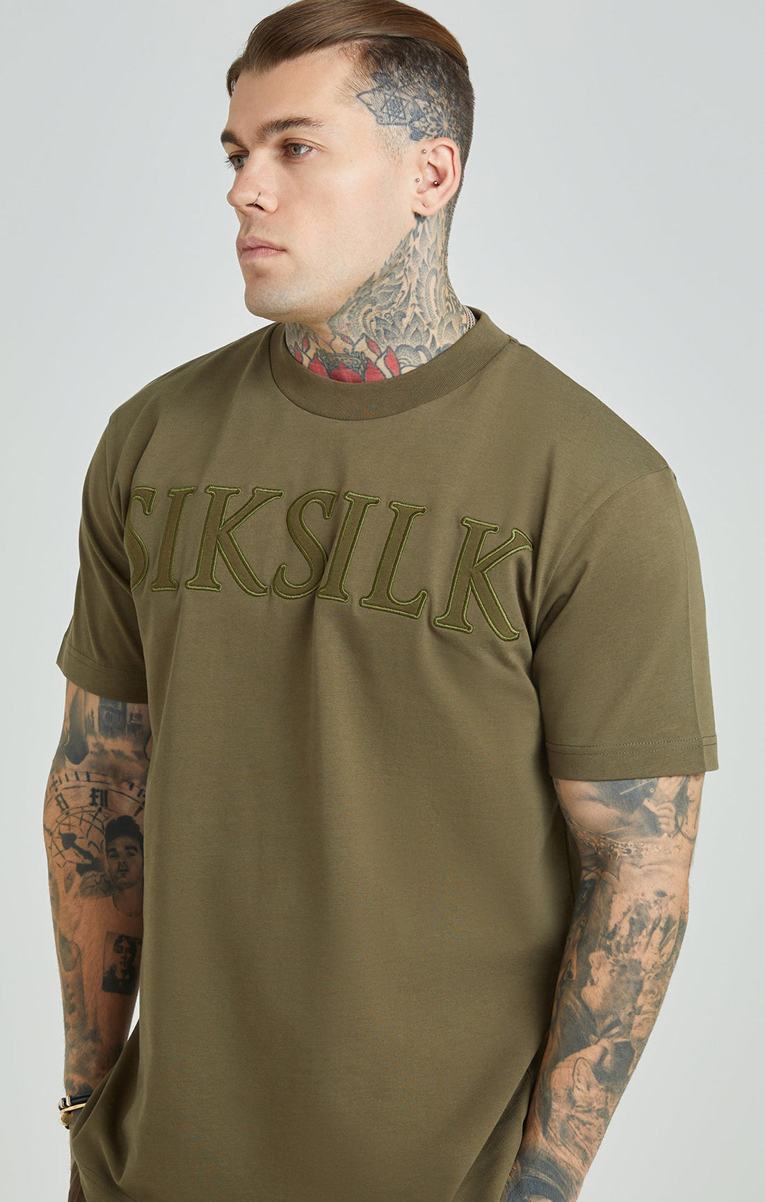 SikSilk - Khaki Applique Logo Oversized Fit T-Shirt - Stayin