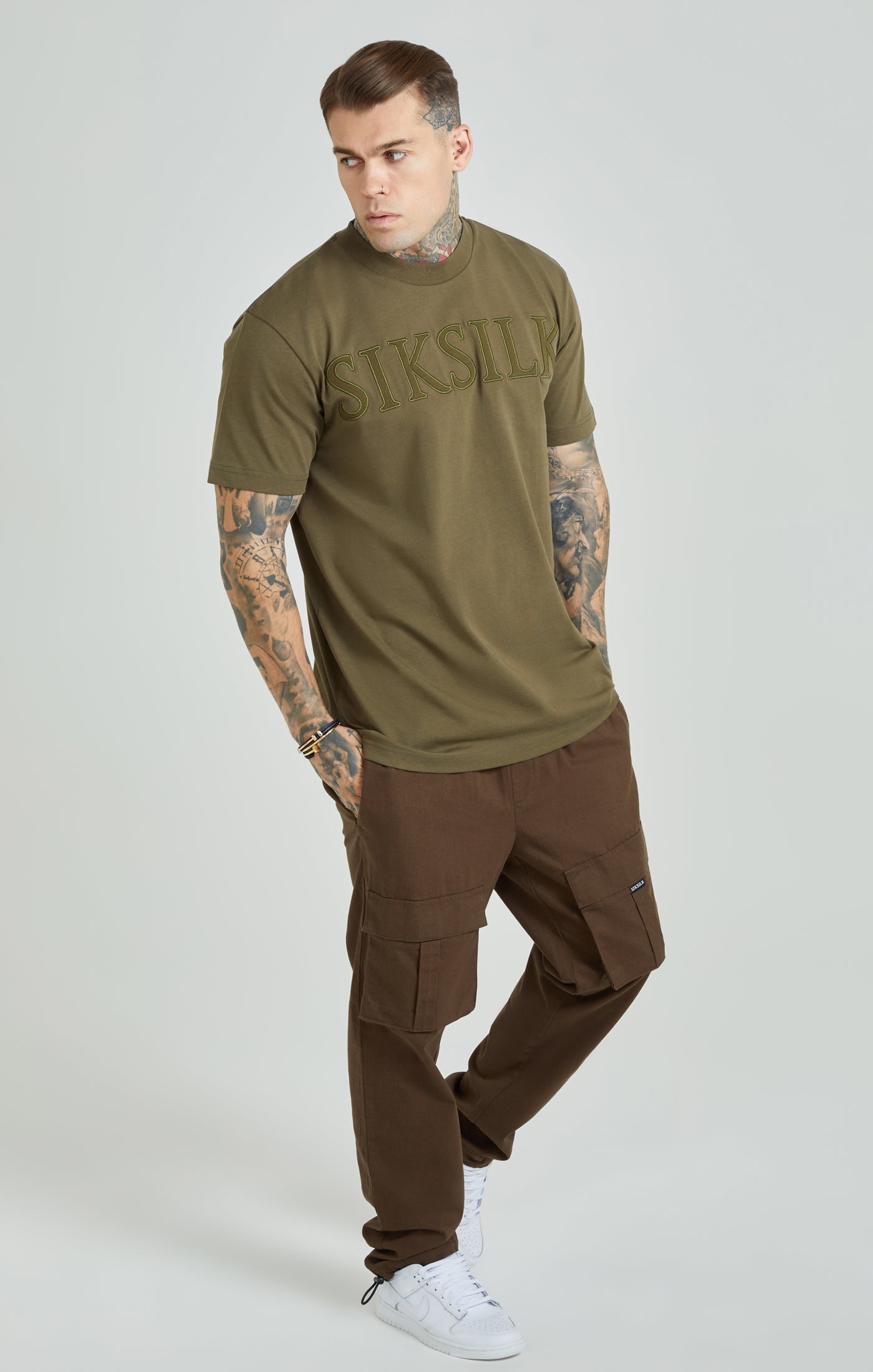 SikSilk - Khaki Applique Logo Oversized Fit T-Shirt - Stayin