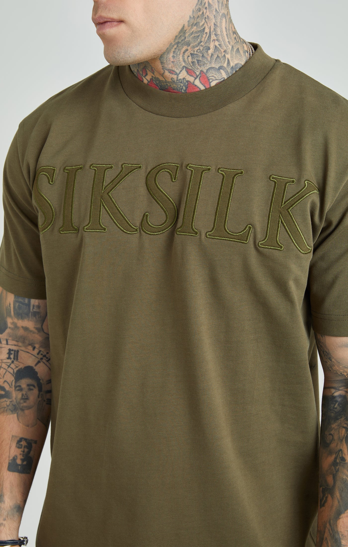SikSilk - Khaki Applique Logo Oversized Fit T-Shirt - Stayin