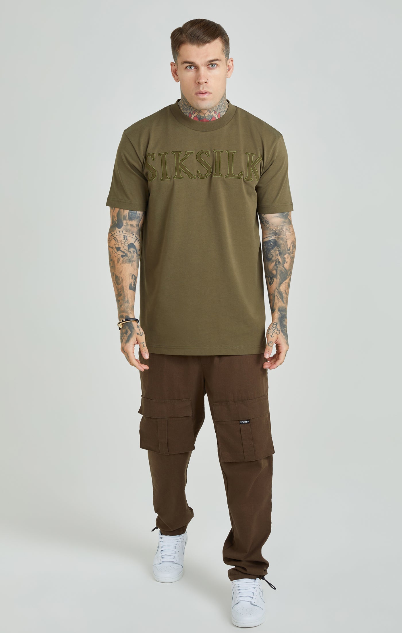 SikSilk - Khaki Applique Logo Oversized Fit T-Shirt - Stayin