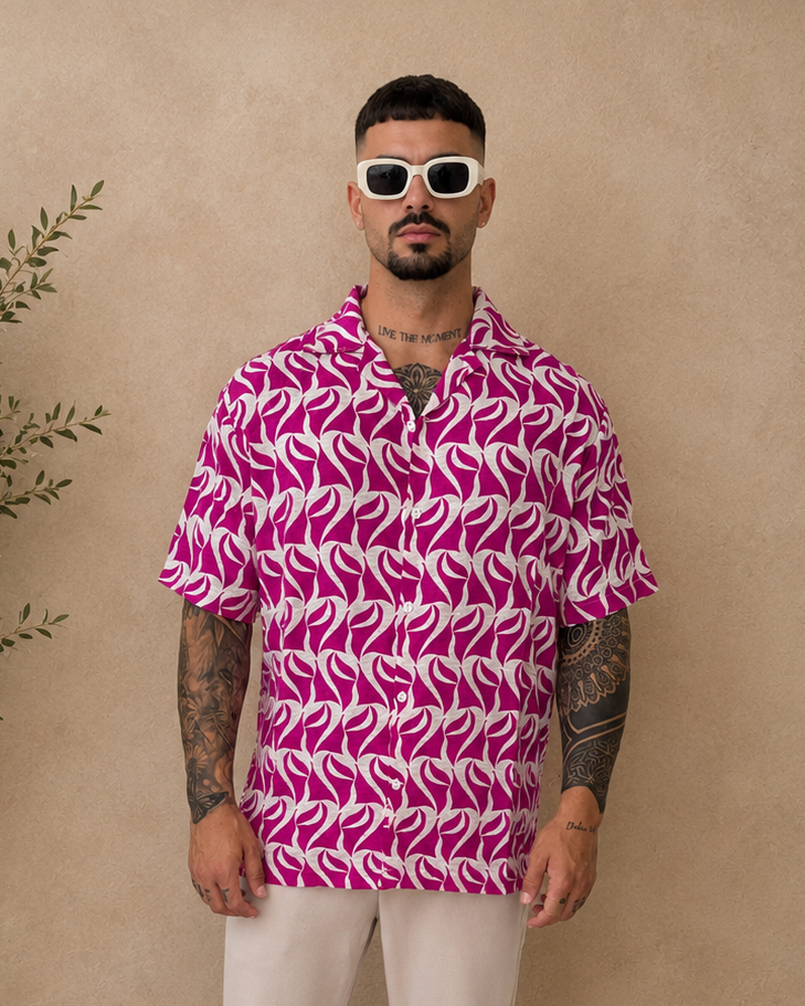 Chemise fluide motif blanc fushia