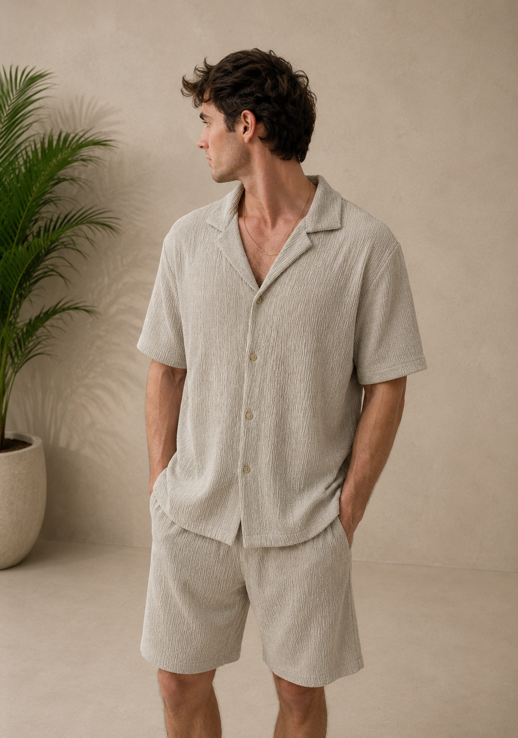 Chemise manches courtes texturée beige