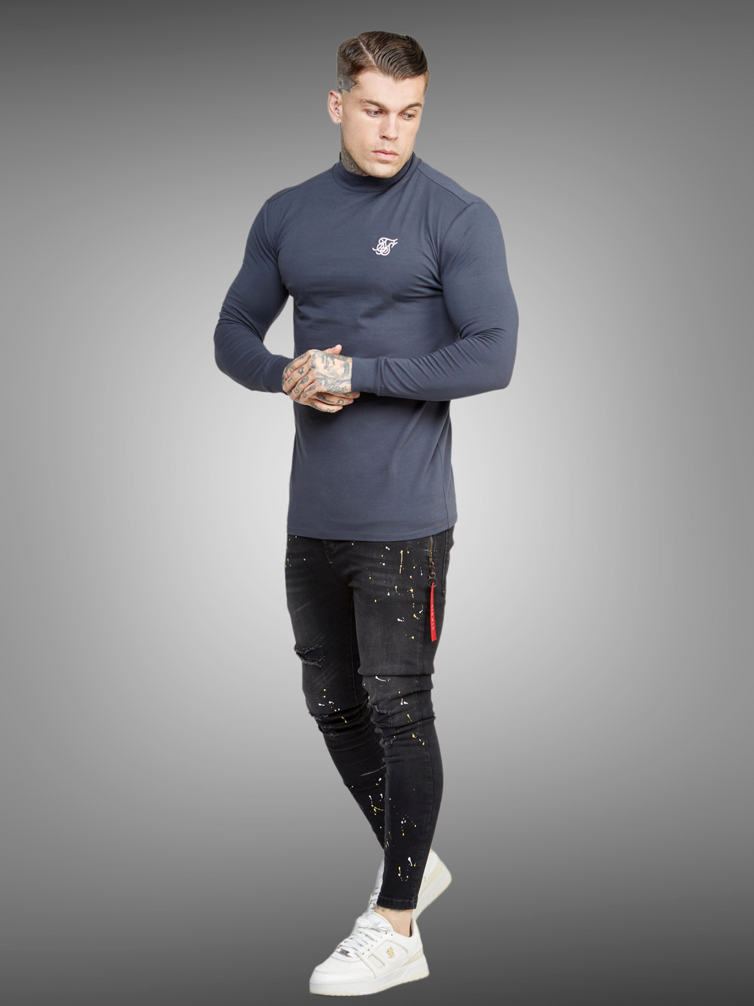 SikSilk - Black Long Sleeve High Neck Muscle Fit T-Shirt - Stayin