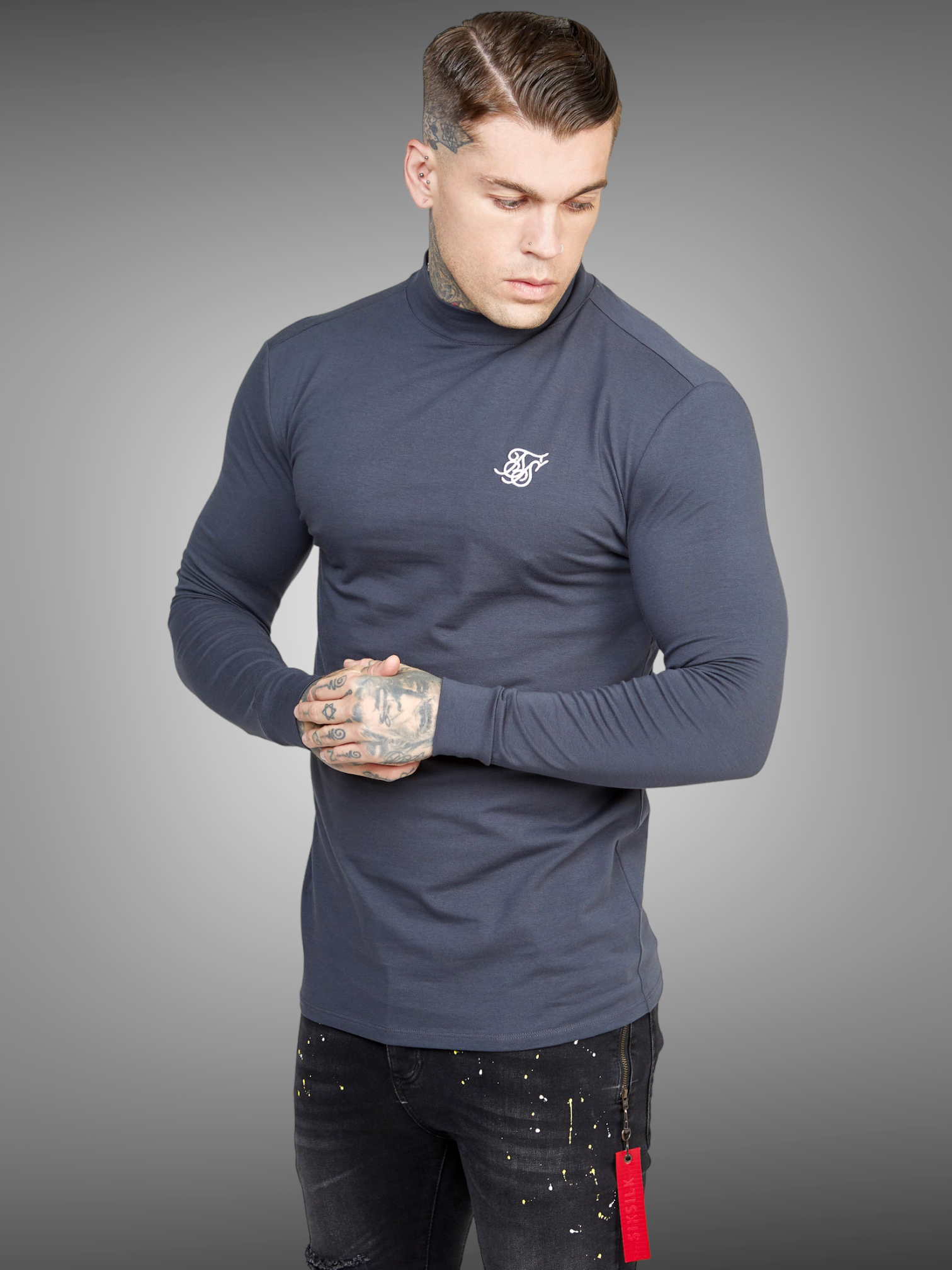 SikSilk - Black Long Sleeve High Neck Muscle Fit T-Shirt - Stayin