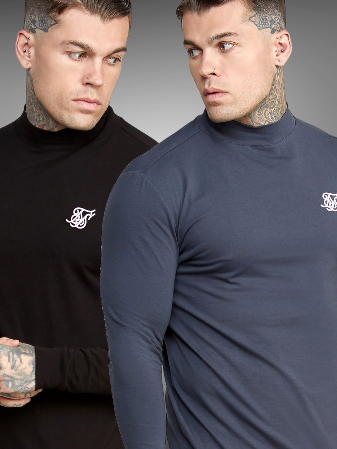SikSilk - Black Long Sleeve High Neck Muscle Fit T-Shirt - Stayin