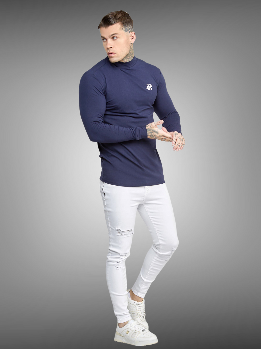 SikSilk Navy Long Sleeve High Neck Muscle Fit T-Shirt - Stayin