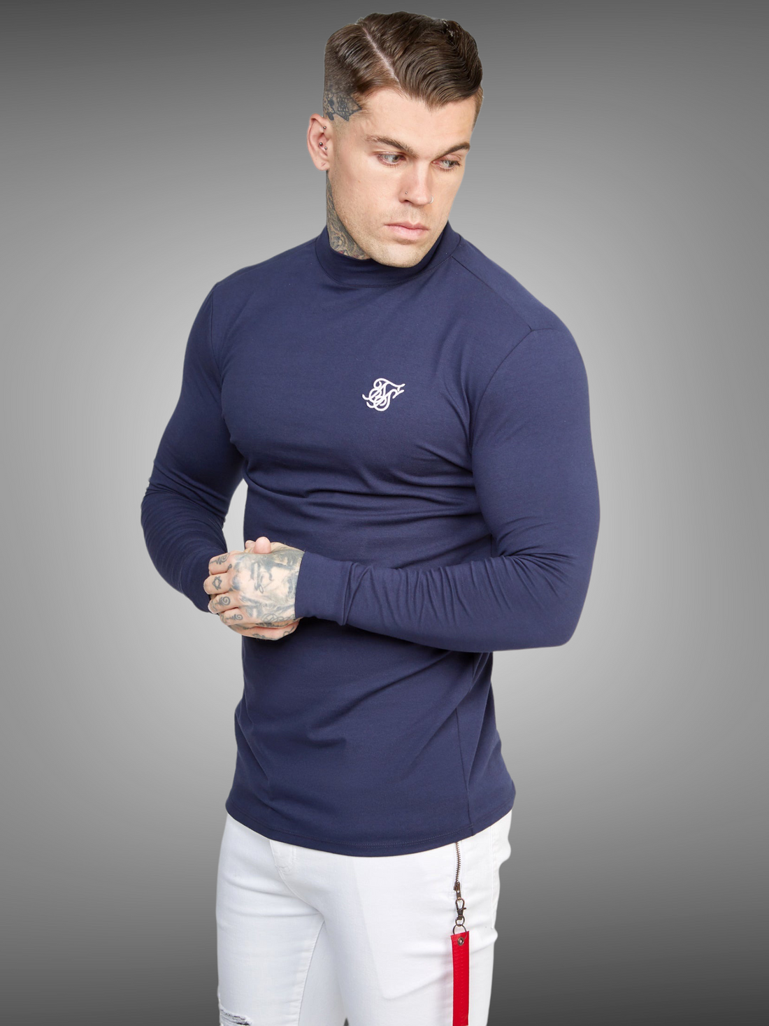 SikSilk Navy Long Sleeve High Neck Muscle Fit T-Shirt - Stayin